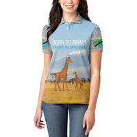Tanzania Safari Giraffe Women Polo Shirt with Tribal Patterns and Mount Kilimanjaro Scene