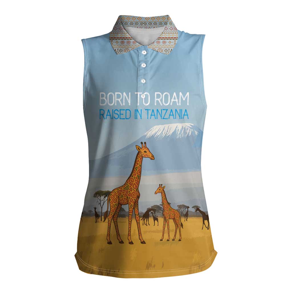 Tanzania Safari Giraffe Women Sleeveless Polo Shirt with Tribal Patterns and Mount Kilimanjaro Scene