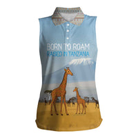 Tanzania Safari Giraffe Women Sleeveless Polo Shirt with Tribal Patterns and Mount Kilimanjaro Scene
