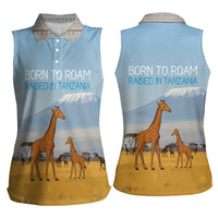 Tanzania Safari Giraffe Women Sleeveless Polo Shirt with Tribal Patterns and Mount Kilimanjaro Scene