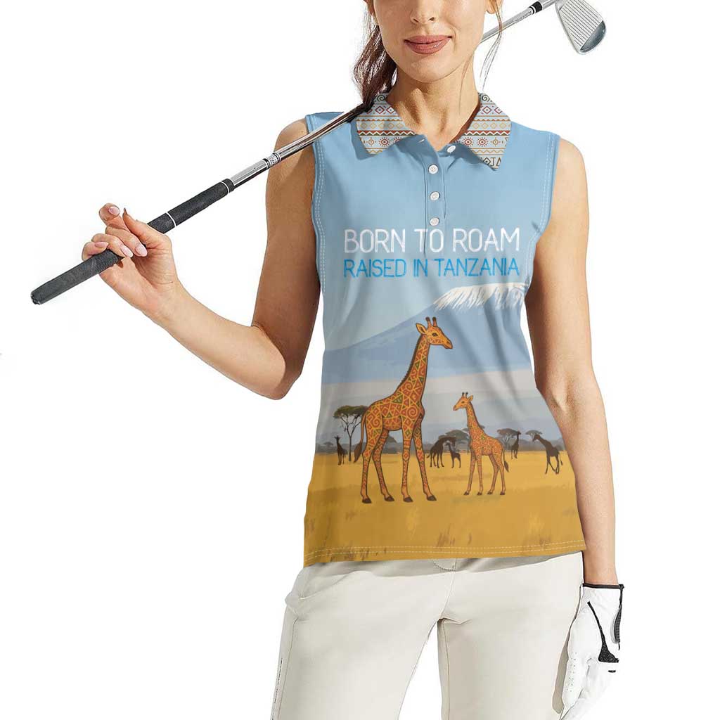 Tanzania Safari Giraffe Women Sleeveless Polo Shirt with Tribal Patterns and Mount Kilimanjaro Scene