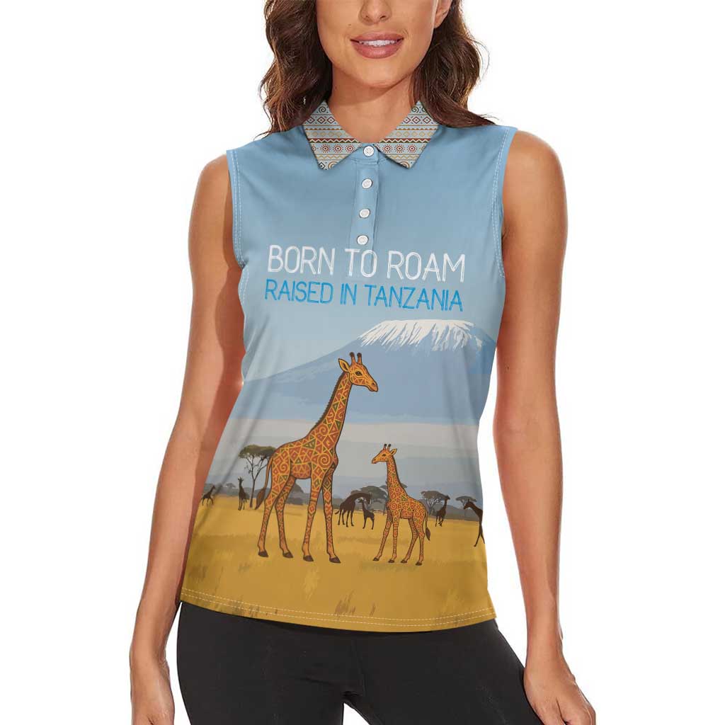 Tanzania Safari Giraffe Women Sleeveless Polo Shirt with Tribal Patterns and Mount Kilimanjaro Scene