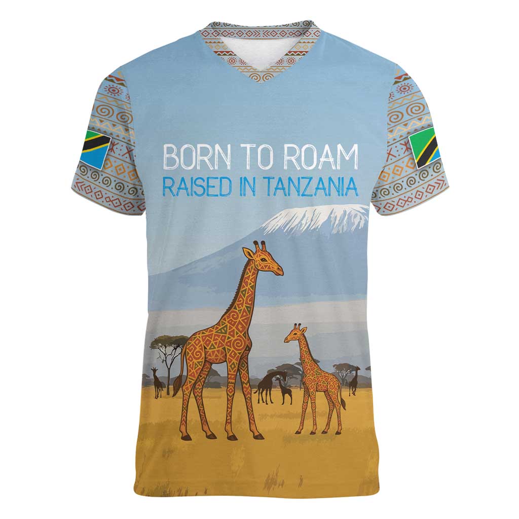 Tanzania Safari Giraffe Women V-Neck T-Shirt with Tribal Patterns and Mount Kilimanjaro Scene