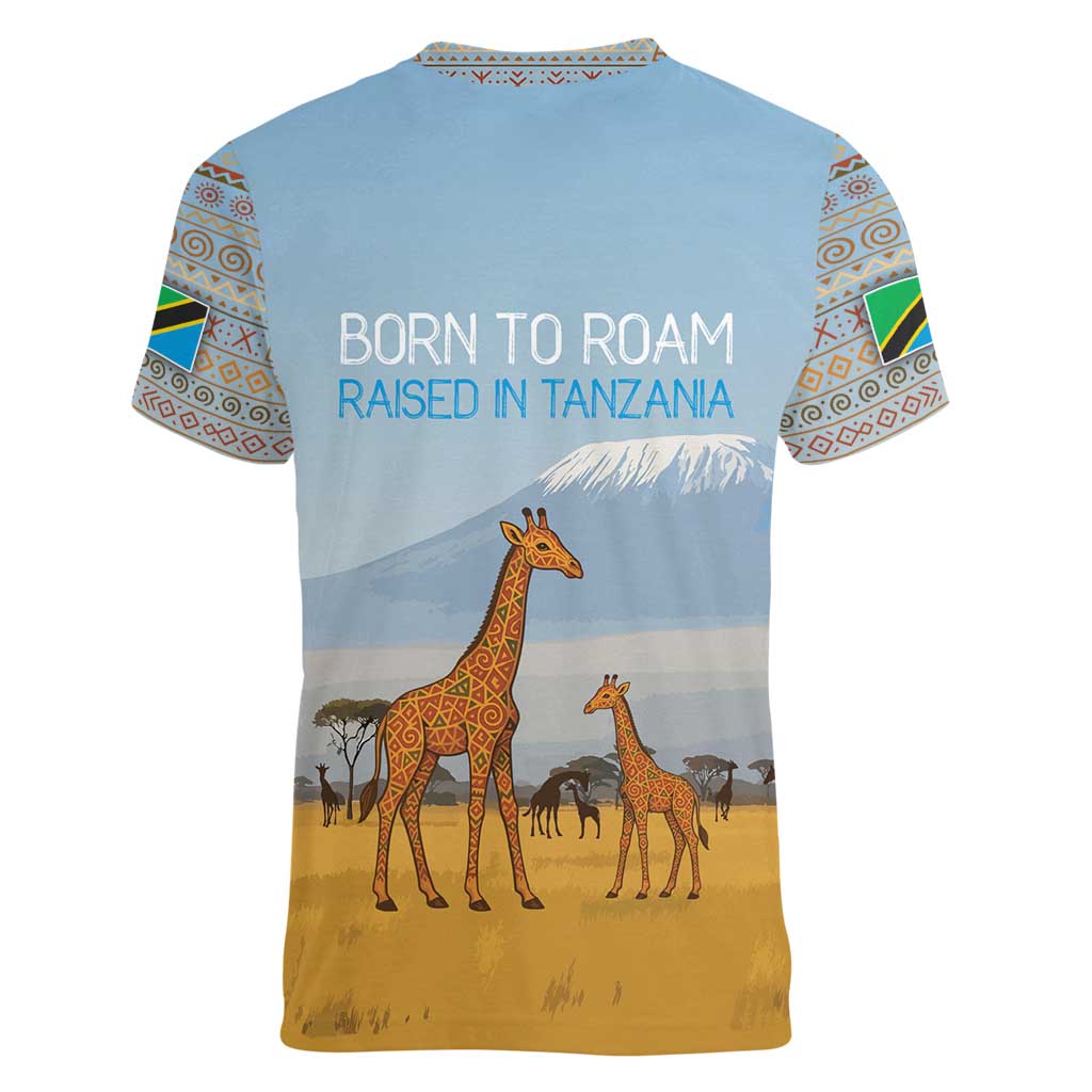 Tanzania Safari Giraffe Women V-Neck T-Shirt with Tribal Patterns and Mount Kilimanjaro Scene