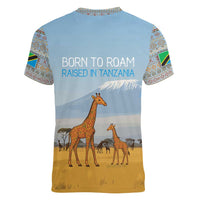 Tanzania Safari Giraffe Women V-Neck T-Shirt with Tribal Patterns and Mount Kilimanjaro Scene