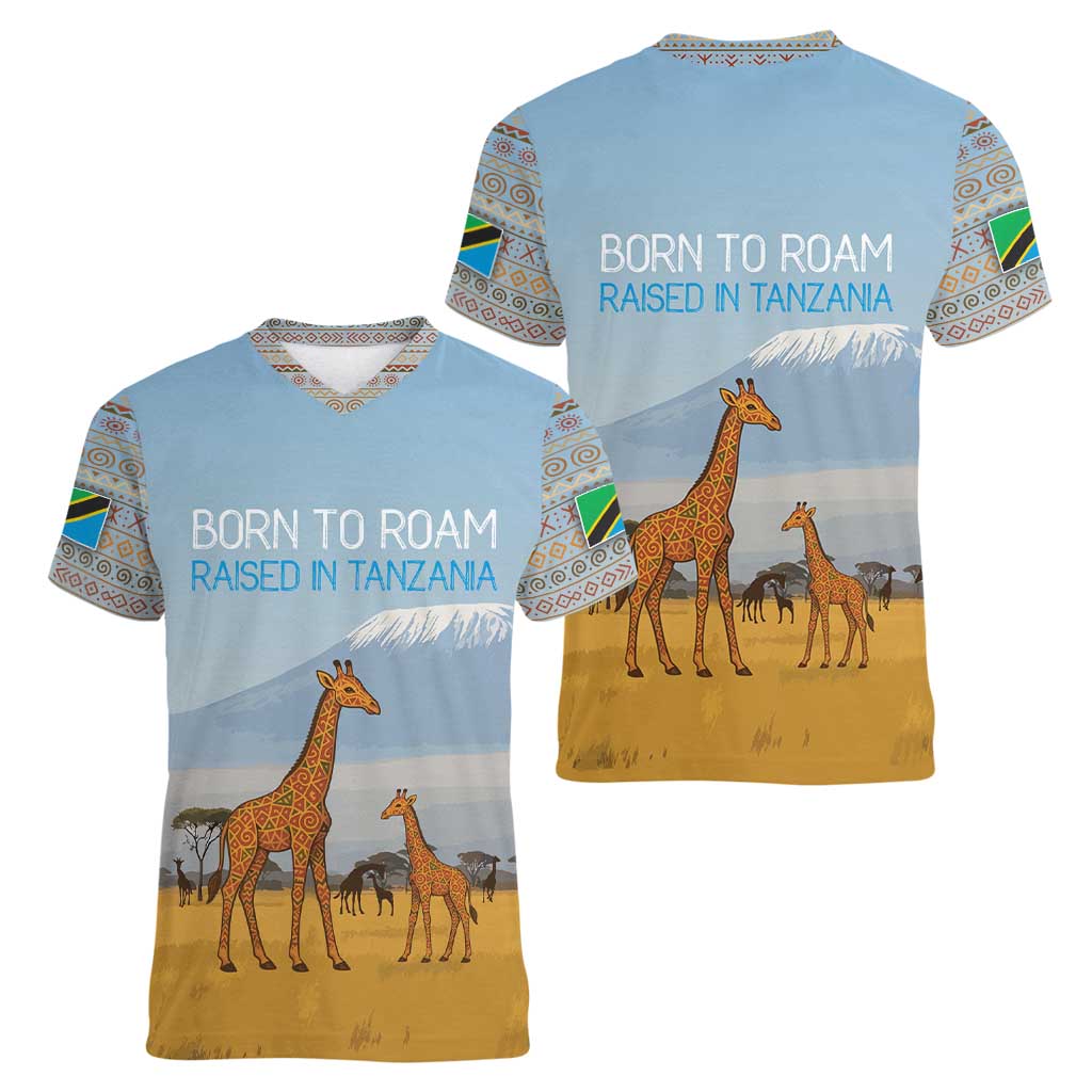 Tanzania Safari Giraffe Women V-Neck T-Shirt with Tribal Patterns and Mount Kilimanjaro Scene