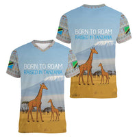 Tanzania Safari Giraffe Women V-Neck T-Shirt with Tribal Patterns and Mount Kilimanjaro Scene