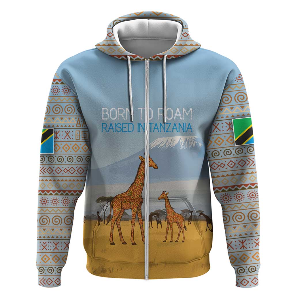 Tanzania Safari Giraffe Zip Hoodie with Tribal Patterns and Mount Kilimanjaro Scene