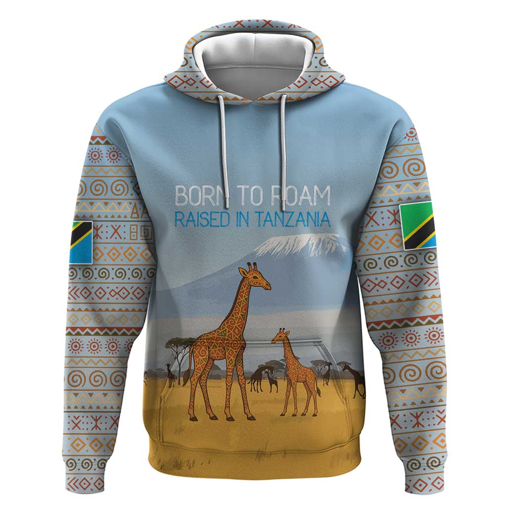 Tanzania Safari Giraffe Zip Hoodie with Tribal Patterns and Mount Kilimanjaro Scene