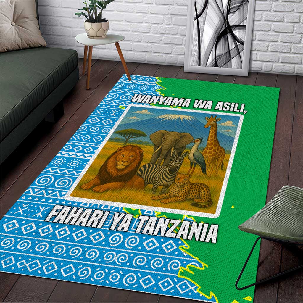 Tanzania Wildlife Area Rug with Tribal Print and Mount Kilimanjaro Safari Scene