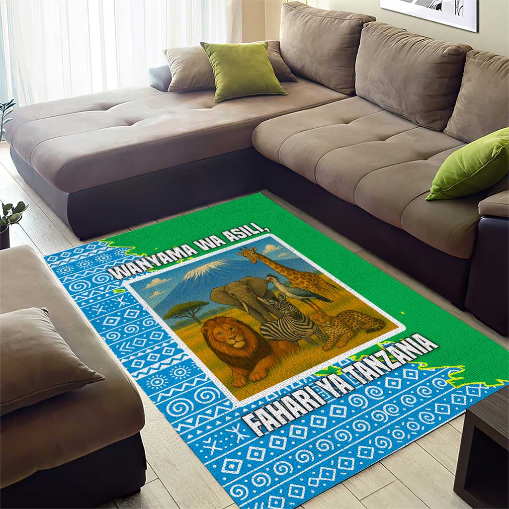 Tanzania Wildlife Area Rug with Tribal Print and Mount Kilimanjaro Safari Scene