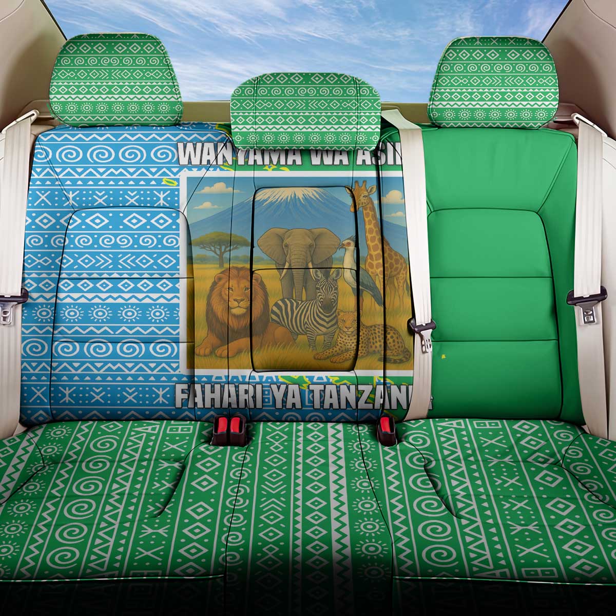 Tanzania Wildlife Back Car Seat Cover with Tribal Print and Mount Kilimanjaro Safari Scene