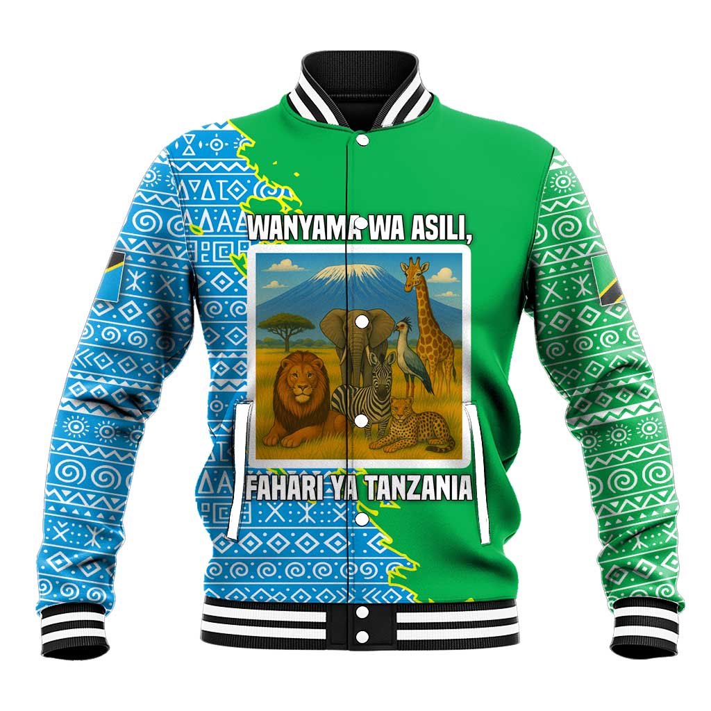 Tanzania Wildlife Baseball Jacket with Tribal Print and Mount Kilimanjaro Safari Scene