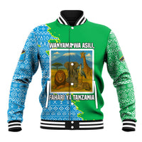 Tanzania Wildlife Baseball Jacket with Tribal Print and Mount Kilimanjaro Safari Scene