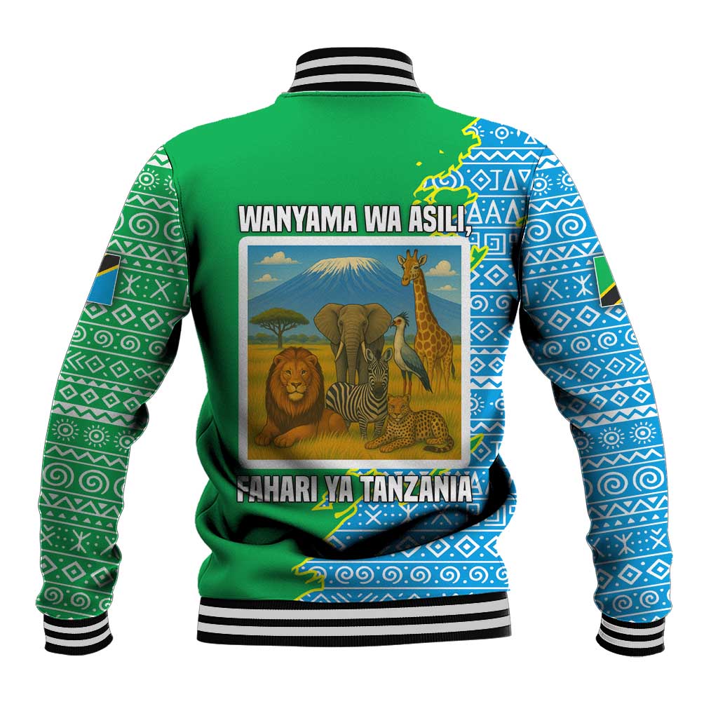 Tanzania Wildlife Baseball Jacket with Tribal Print and Mount Kilimanjaro Safari Scene