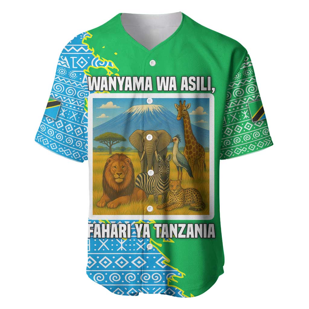 Tanzania Wildlife Baseball Jersey with Tribal Print and Mount Kilimanjaro Safari Scene