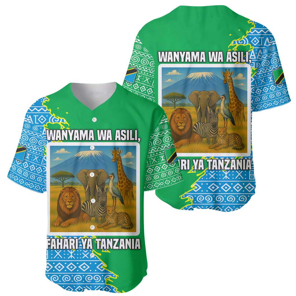 Tanzania Wildlife Baseball Jersey with Tribal Print and Mount Kilimanjaro Safari Scene