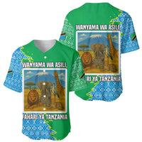 Tanzania Wildlife Baseball Jersey with Tribal Print and Mount Kilimanjaro Safari Scene