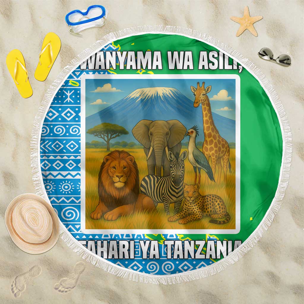 Tanzania Wildlife Beach Blanket with Tribal Print and Mount Kilimanjaro Safari Scene