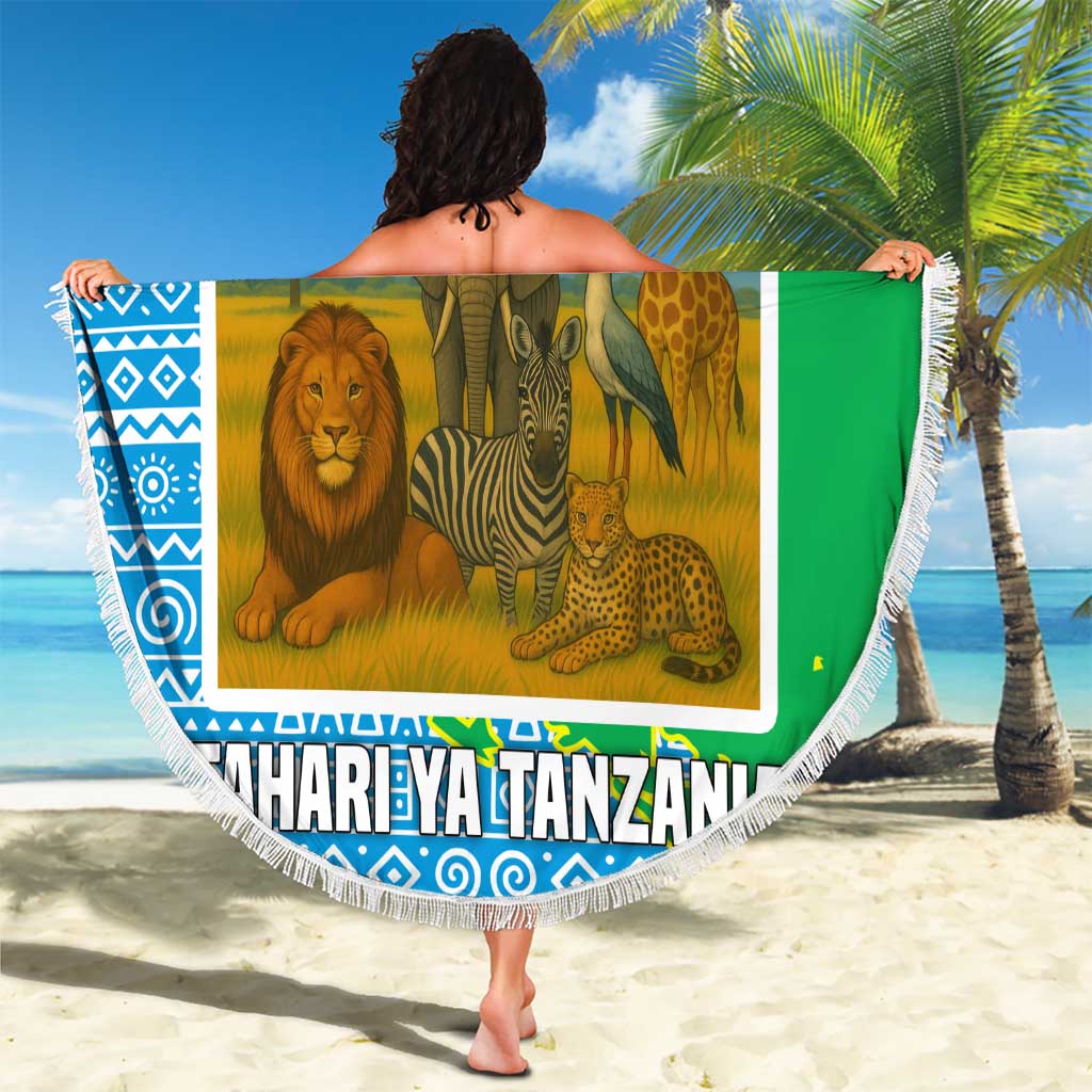 Tanzania Wildlife Beach Blanket with Tribal Print and Mount Kilimanjaro Safari Scene