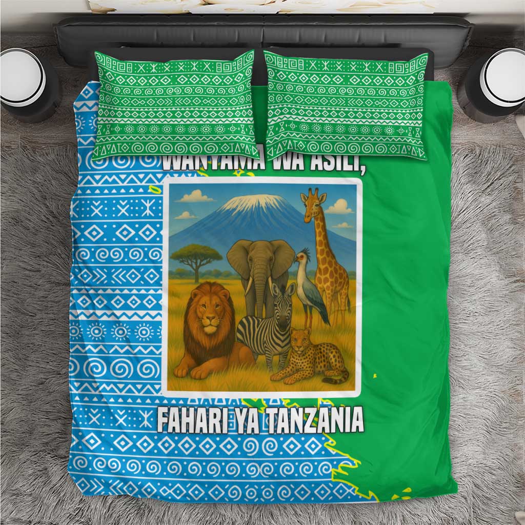 Tanzania Wildlife Bedding Set with Tribal Print and Mount Kilimanjaro Safari Scene