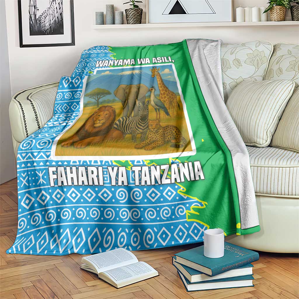 Tanzania Wildlife Blanket with Tribal Print and Mount Kilimanjaro Safari Scene