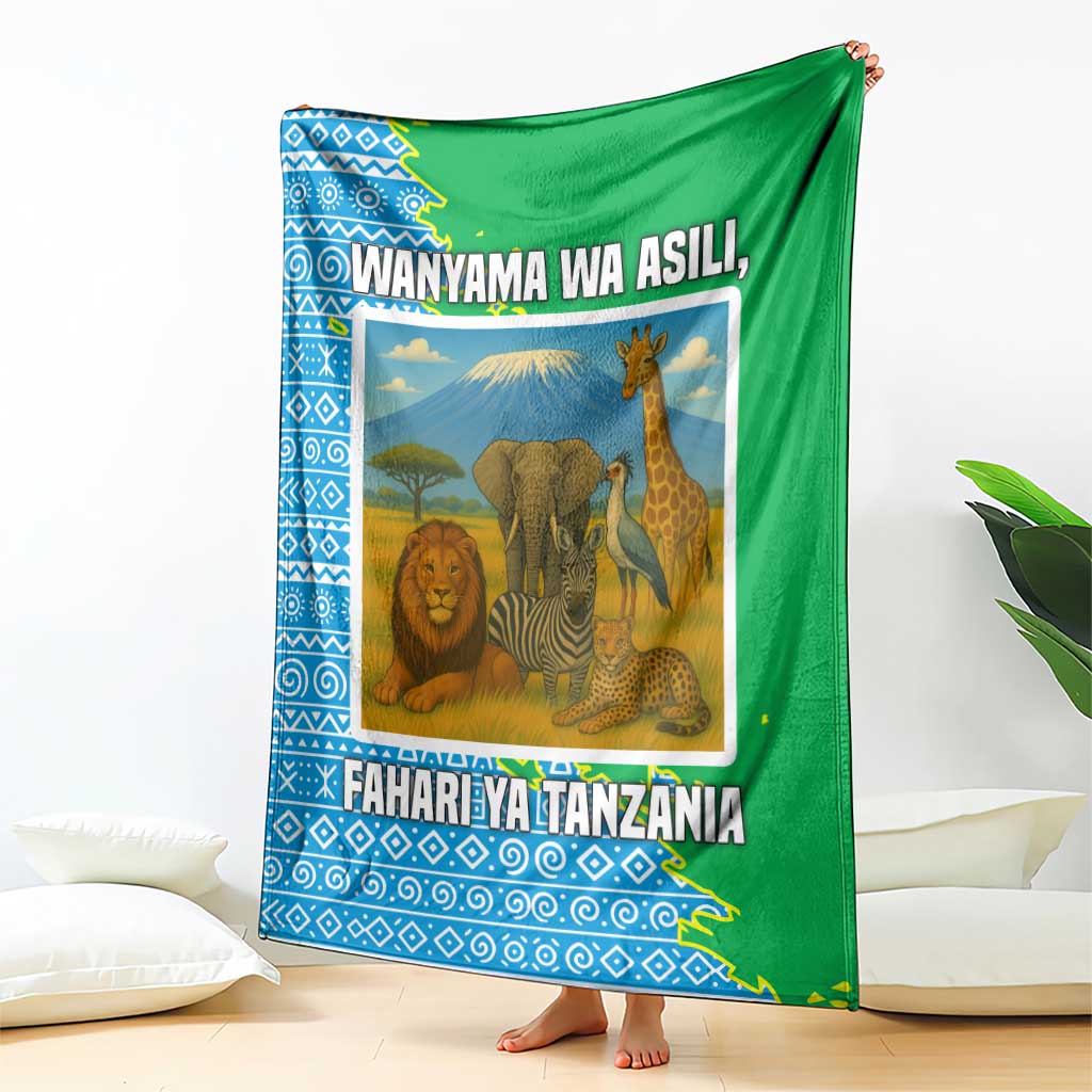 Tanzania Wildlife Blanket with Tribal Print and Mount Kilimanjaro Safari Scene