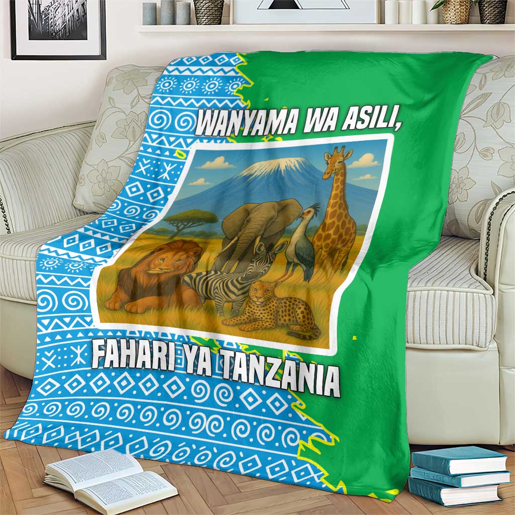 Tanzania Wildlife Blanket with Tribal Print and Mount Kilimanjaro Safari Scene