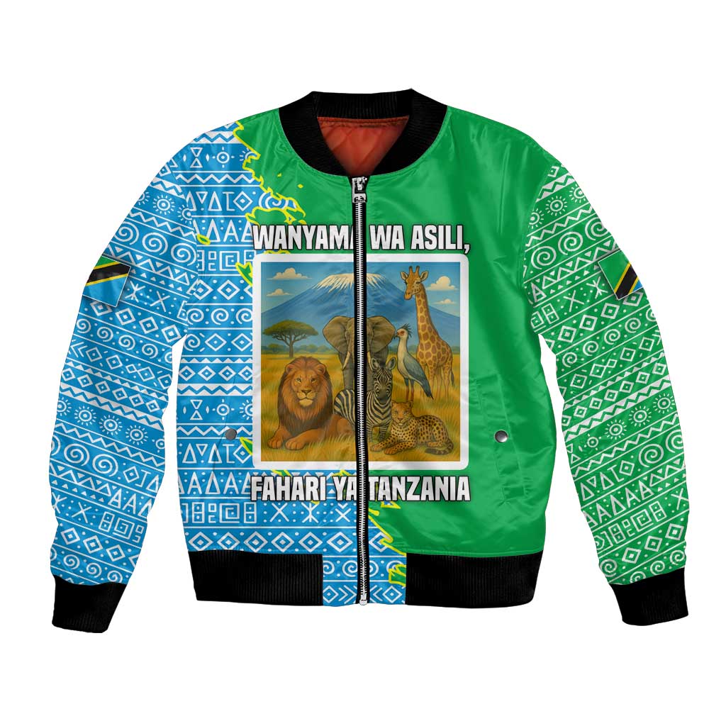 Tanzania Wildlife Bomber Jacket with Tribal Print and Mount Kilimanjaro Safari Scene