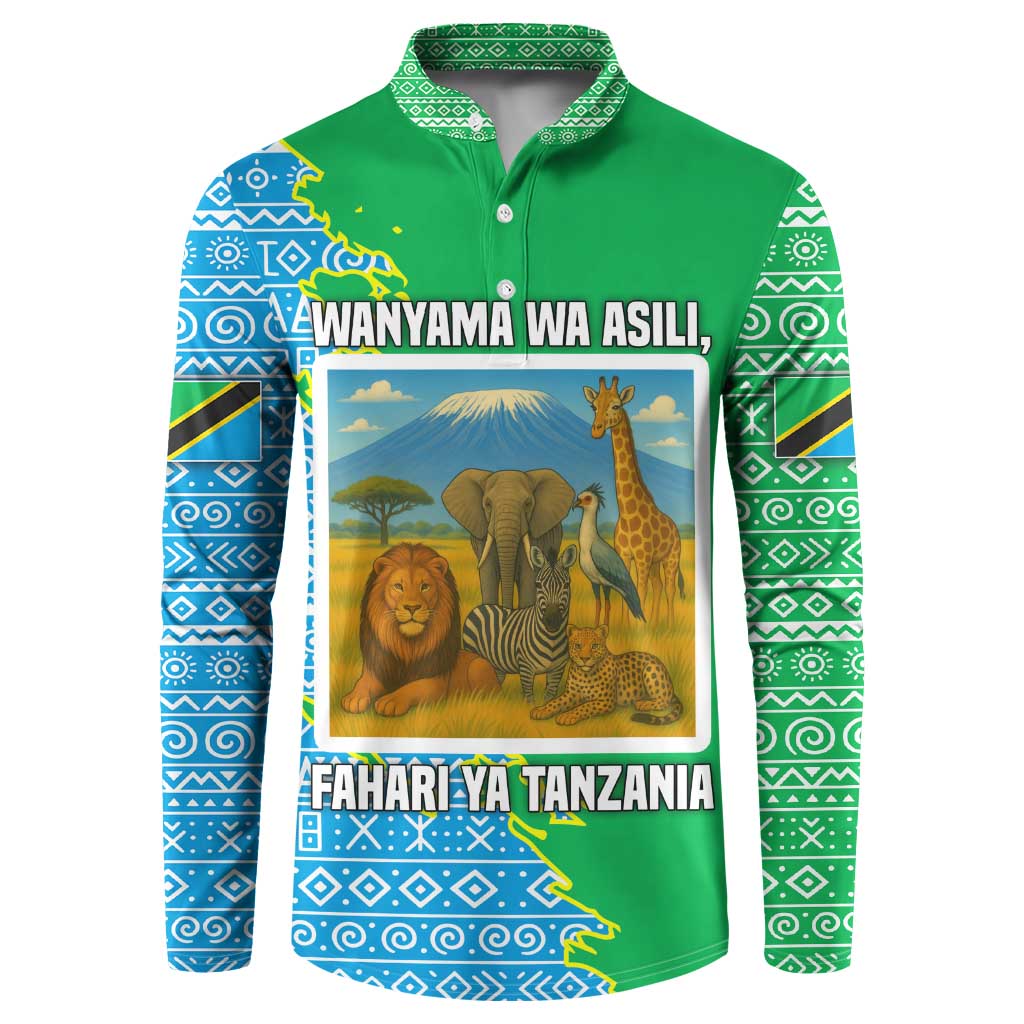 Tanzania Wildlife Button Sweatshirt with Tribal Print and Mount Kilimanjaro Safari Scene
