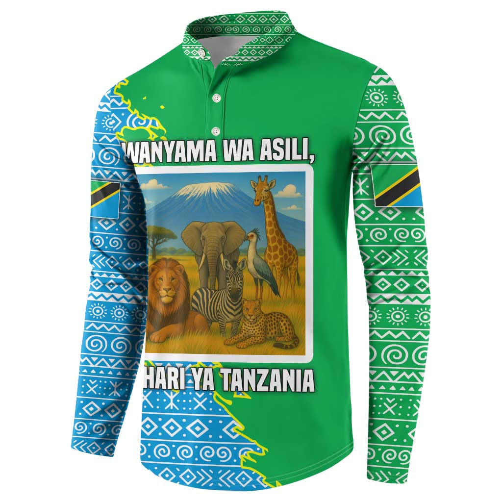 Tanzania Wildlife Button Sweatshirt with Tribal Print and Mount Kilimanjaro Safari Scene