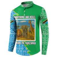 Tanzania Wildlife Button Sweatshirt with Tribal Print and Mount Kilimanjaro Safari Scene