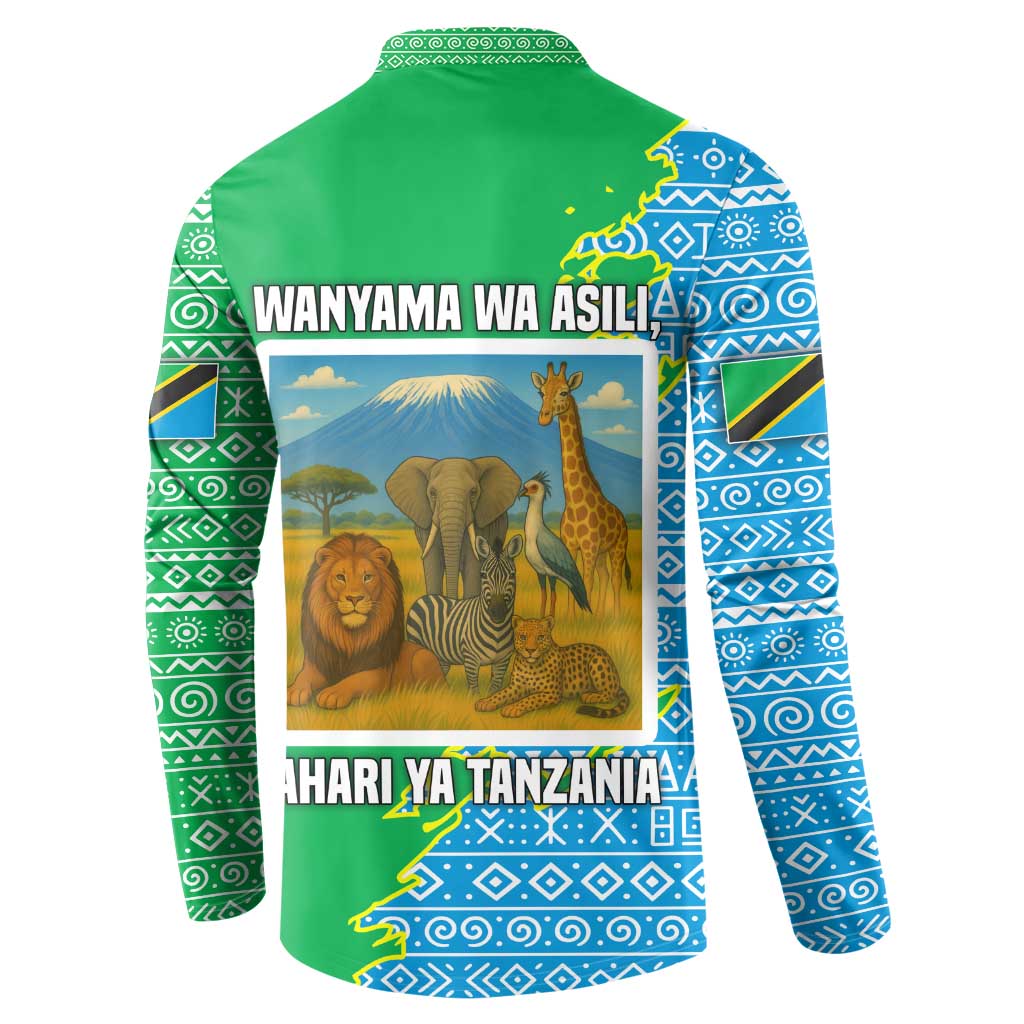 Tanzania Wildlife Button Sweatshirt with Tribal Print and Mount Kilimanjaro Safari Scene