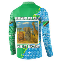 Tanzania Wildlife Button Sweatshirt with Tribal Print and Mount Kilimanjaro Safari Scene