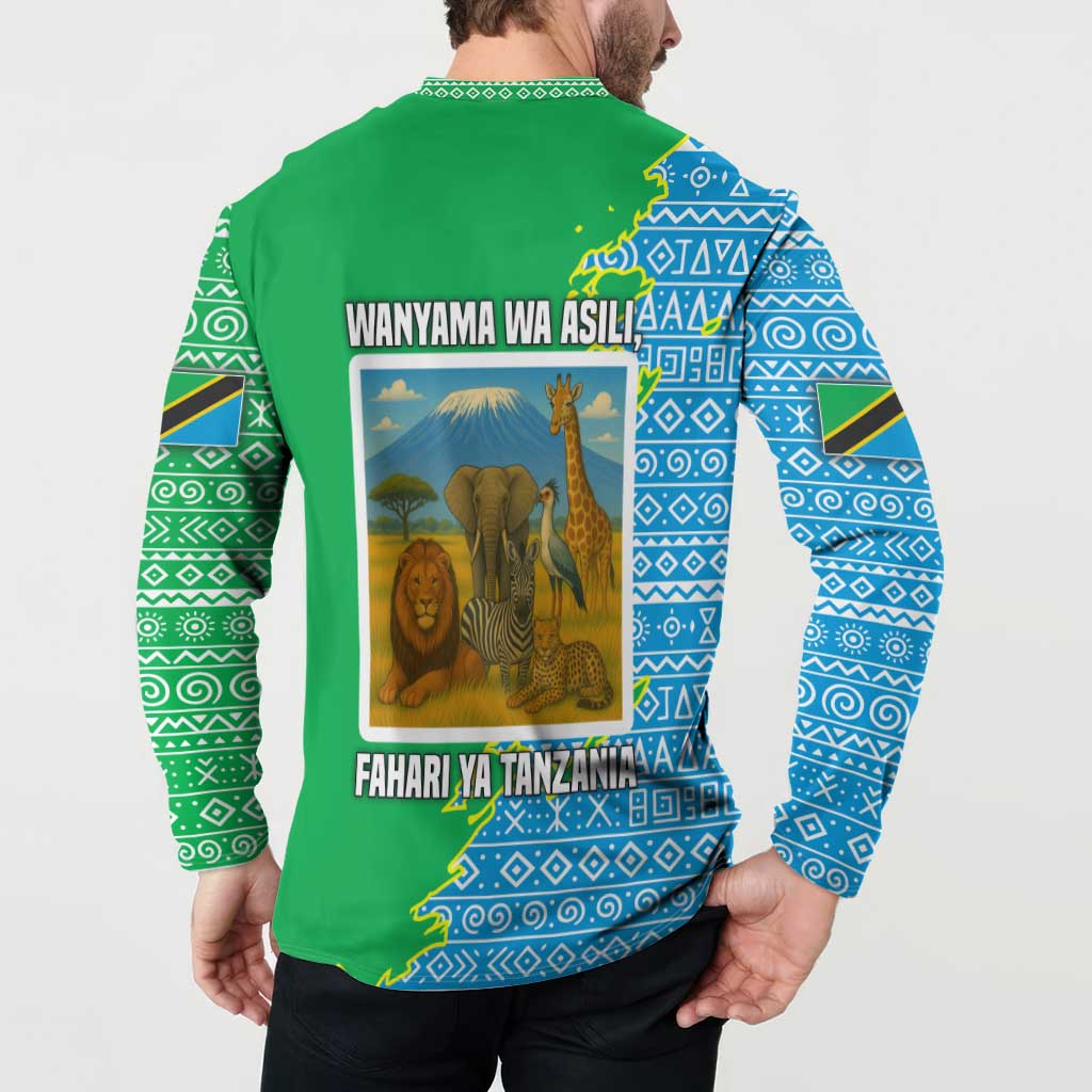 Tanzania Wildlife Button Sweatshirt with Tribal Print and Mount Kilimanjaro Safari Scene