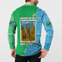 Tanzania Wildlife Button Sweatshirt with Tribal Print and Mount Kilimanjaro Safari Scene