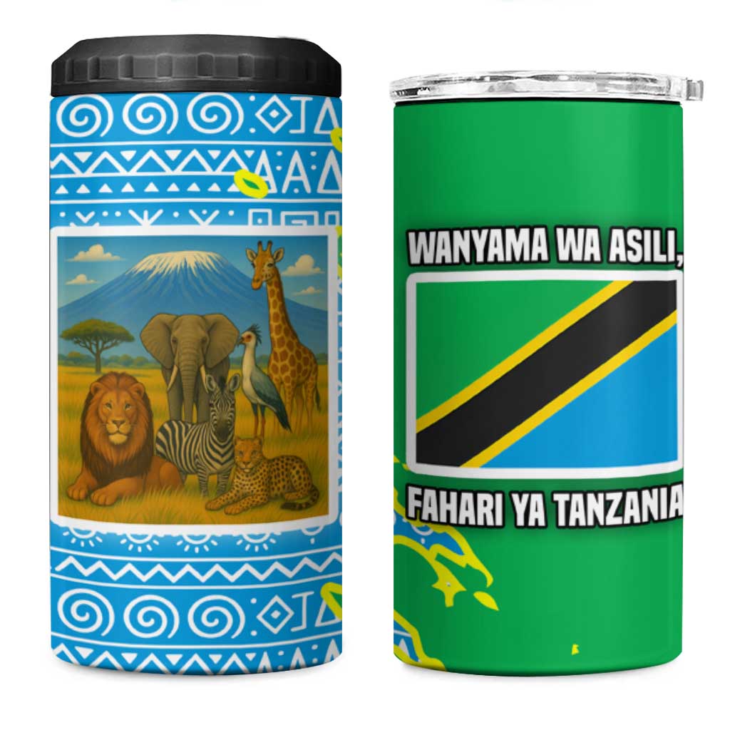 Tanzania Wildlife 4 in 1 Can Cooler Tumbler with Tribal Print and Mount Kilimanjaro Safari Scene
