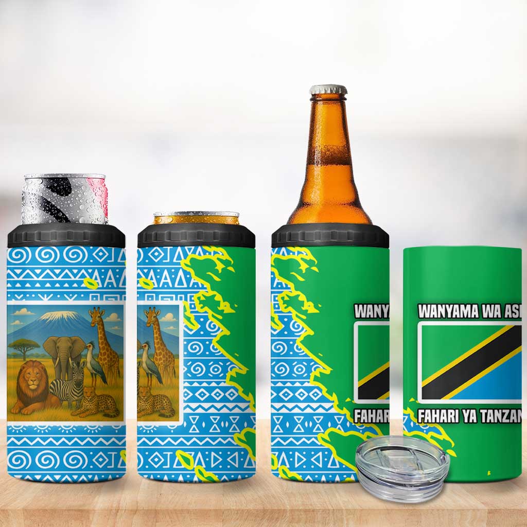 Tanzania Wildlife 4 in 1 Can Cooler Tumbler with Tribal Print and Mount Kilimanjaro Safari Scene