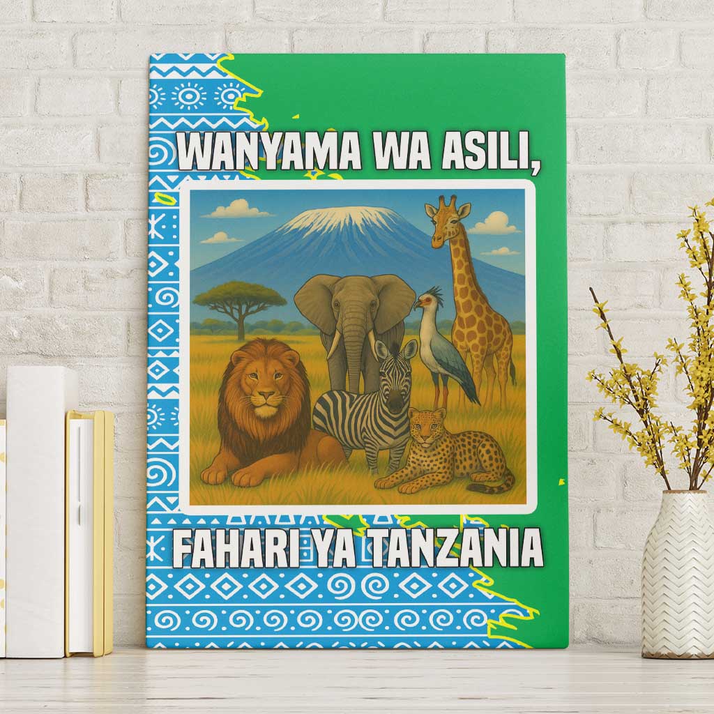 Tanzania Wildlife Canvas Wall Art with Tribal Print and Mount Kilimanjaro Safari Scene