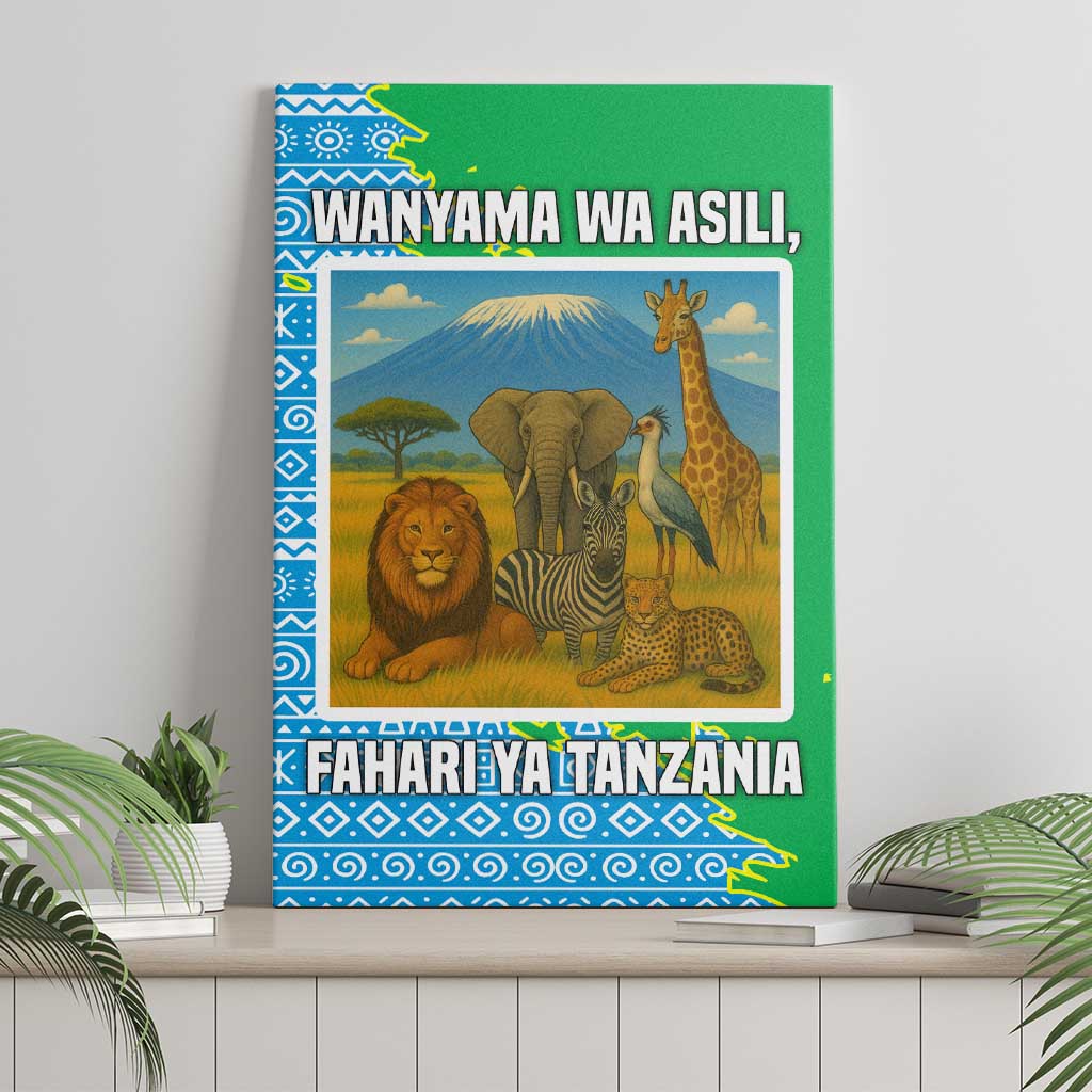Tanzania Wildlife Canvas Wall Art with Tribal Print and Mount Kilimanjaro Safari Scene