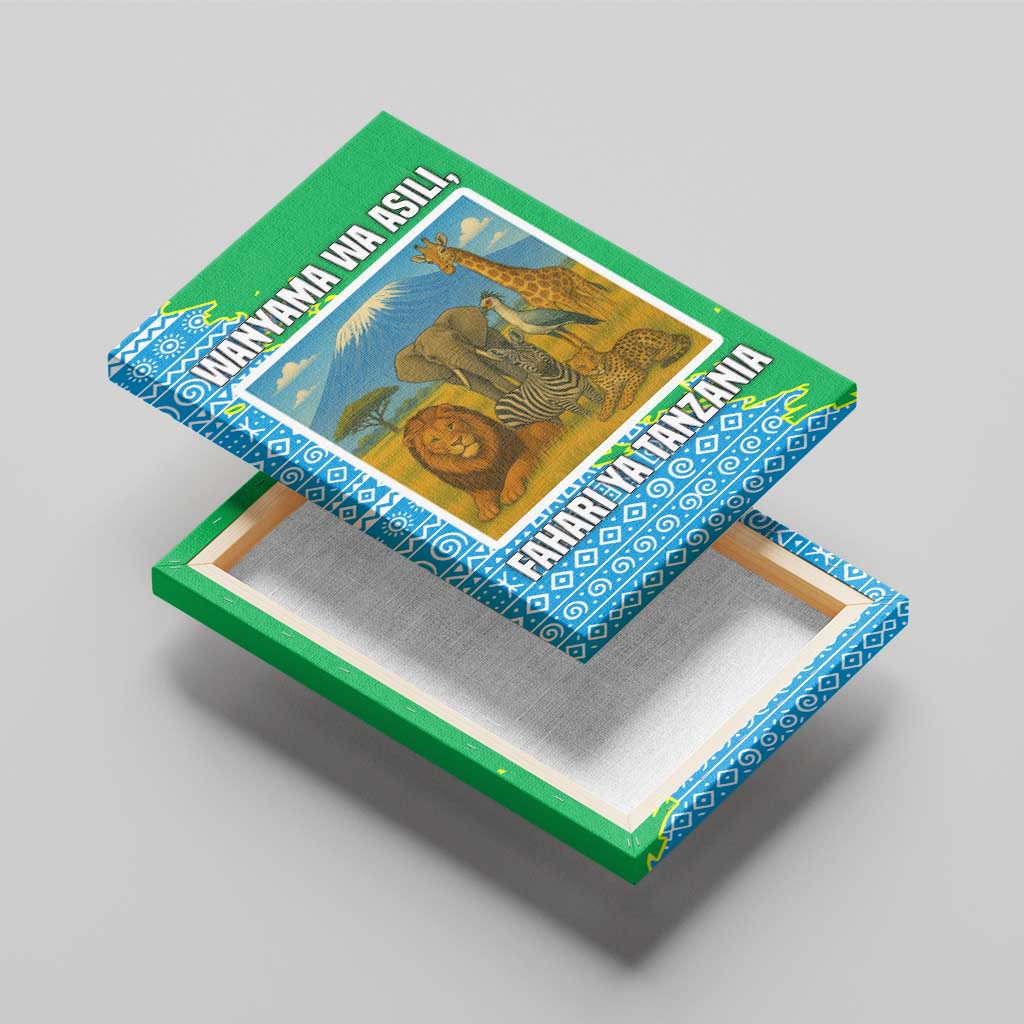 Tanzania Wildlife Canvas Wall Art with Tribal Print and Mount Kilimanjaro Safari Scene