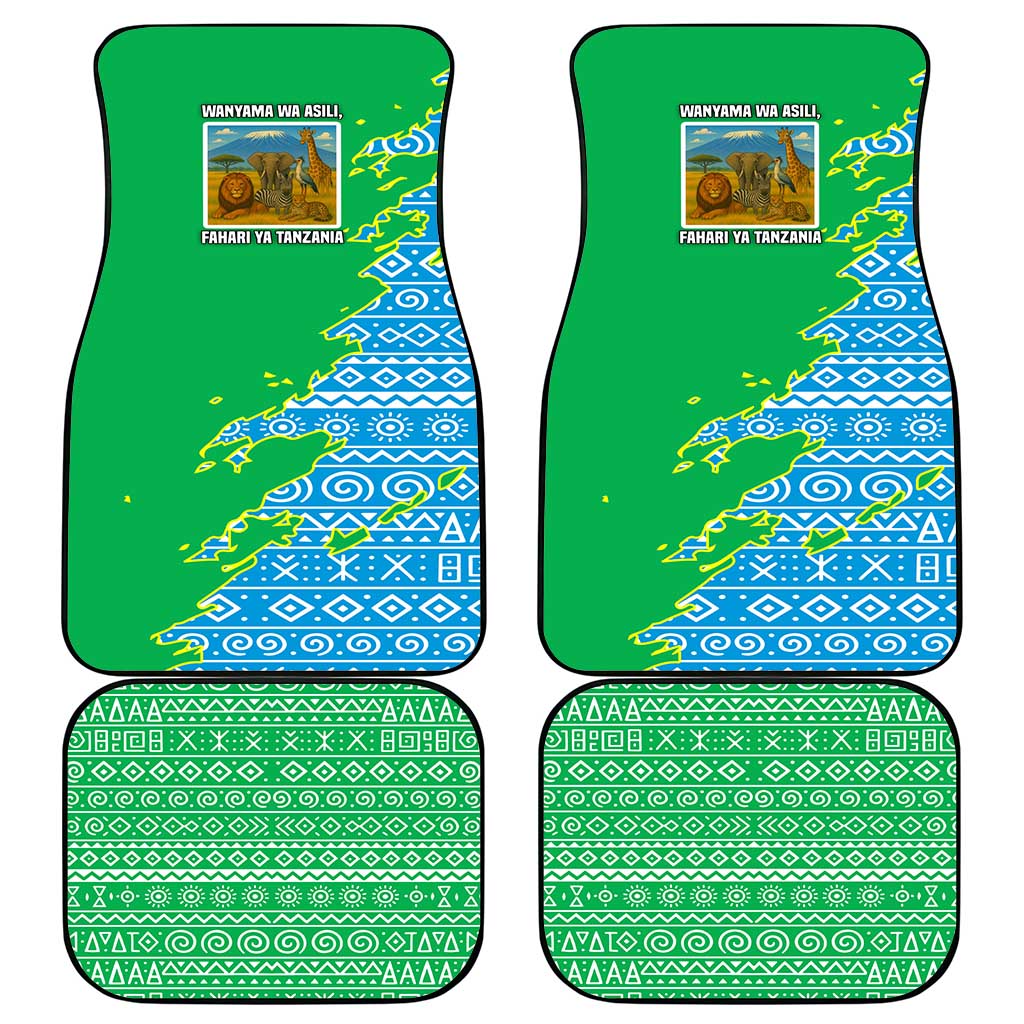 Tanzania Wildlife Car Mats with Tribal Print and Mount Kilimanjaro Safari Scene