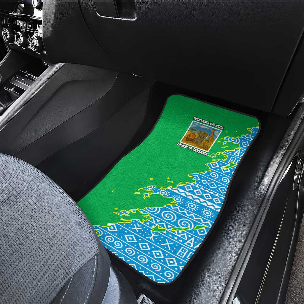 Tanzania Wildlife Car Mats with Tribal Print and Mount Kilimanjaro Safari Scene