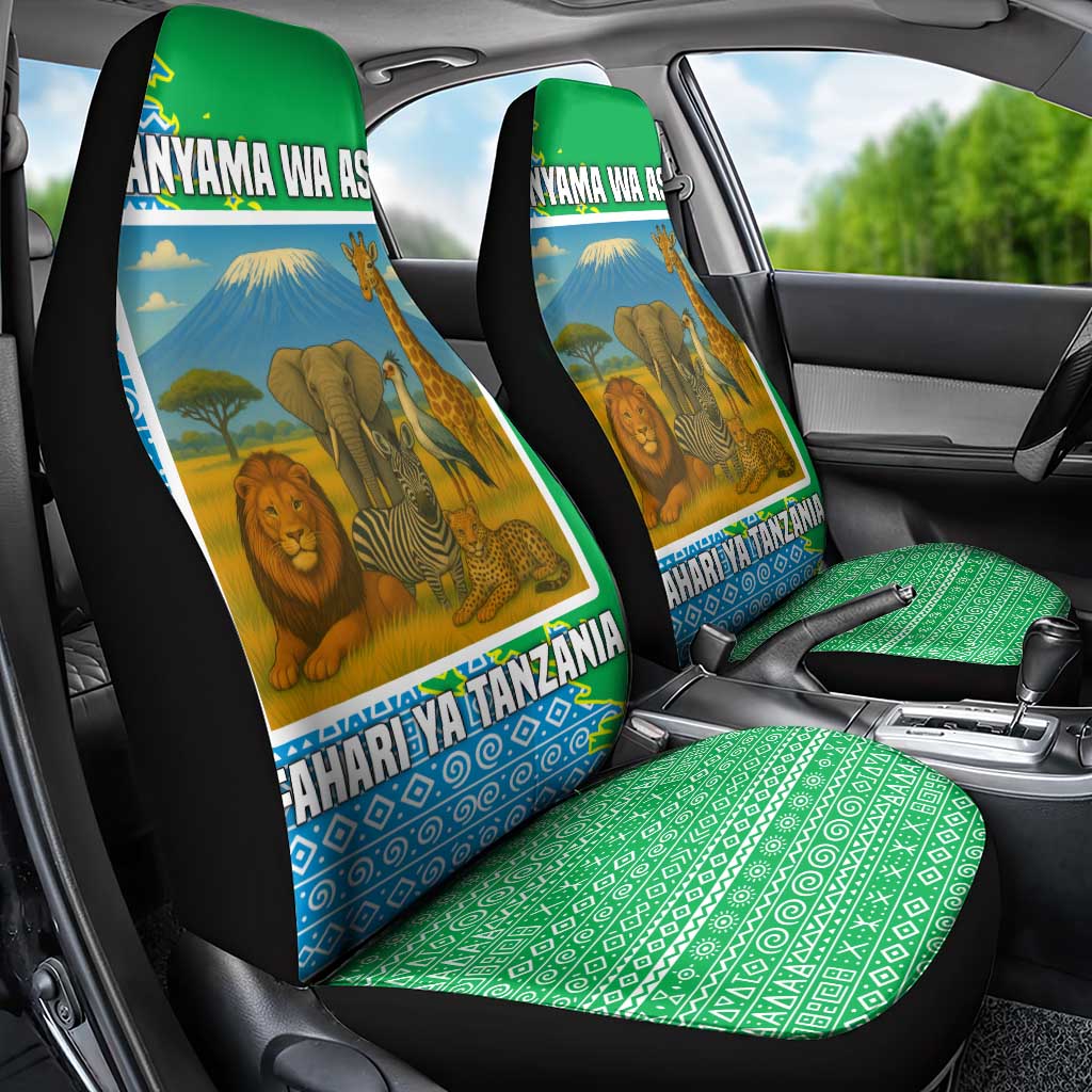 Tanzania Wildlife Car Seat Cover with Tribal Print and Mount Kilimanjaro Safari Scene