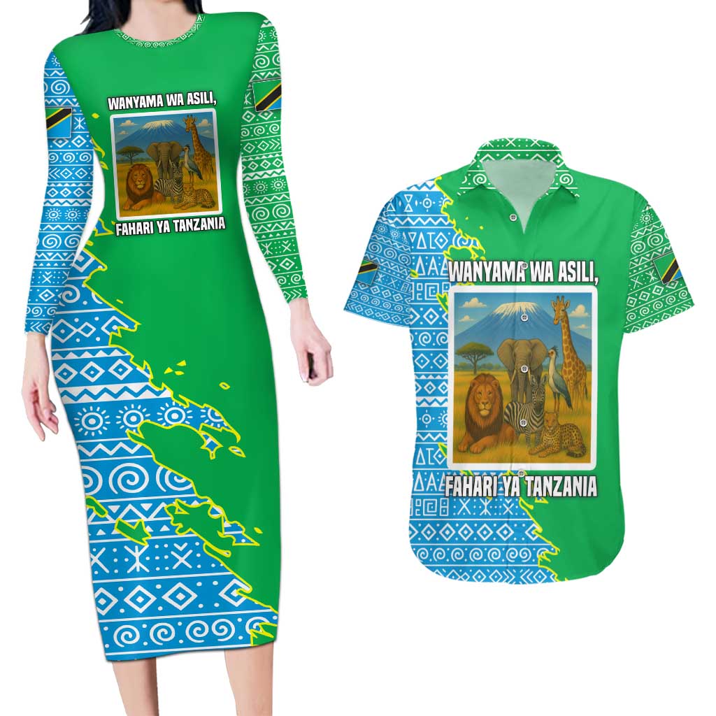 Tanzania Wildlife Couples Matching Long Sleeve Bodycon Dress and Hawaiian Shirt with Tribal Print and Mount Kilimanjaro Safari Scene