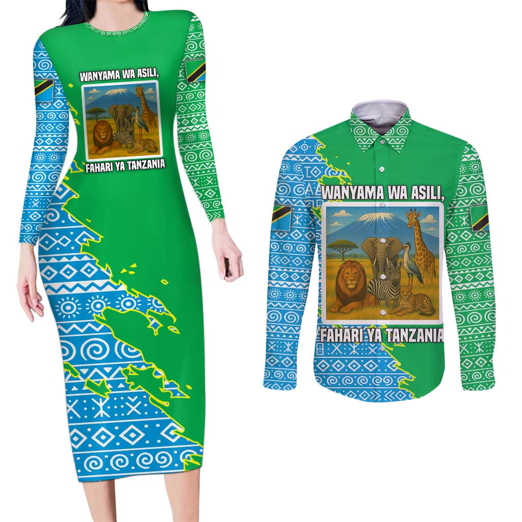 Tanzania Wildlife Couples Matching Long Sleeve Bodycon Dress and Long Sleeve Button Shirt with Tribal Print and Mount Kilimanjaro Safari Scene