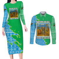 Tanzania Wildlife Couples Matching Long Sleeve Bodycon Dress and Long Sleeve Button Shirt with Tribal Print and Mount Kilimanjaro Safari Scene