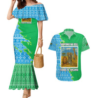 Tanzania Wildlife Couples Matching Mermaid Dress and Hawaiian Shirt with Tribal Print and Mount Kilimanjaro Safari Scene