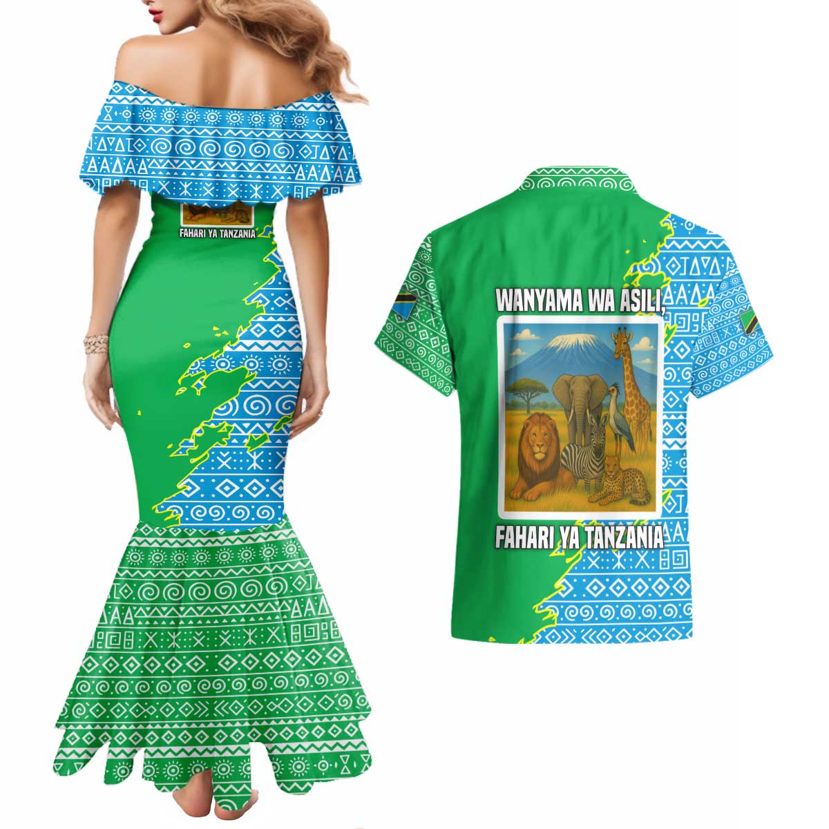 Tanzania Wildlife Couples Matching Mermaid Dress and Hawaiian Shirt with Tribal Print and Mount Kilimanjaro Safari Scene