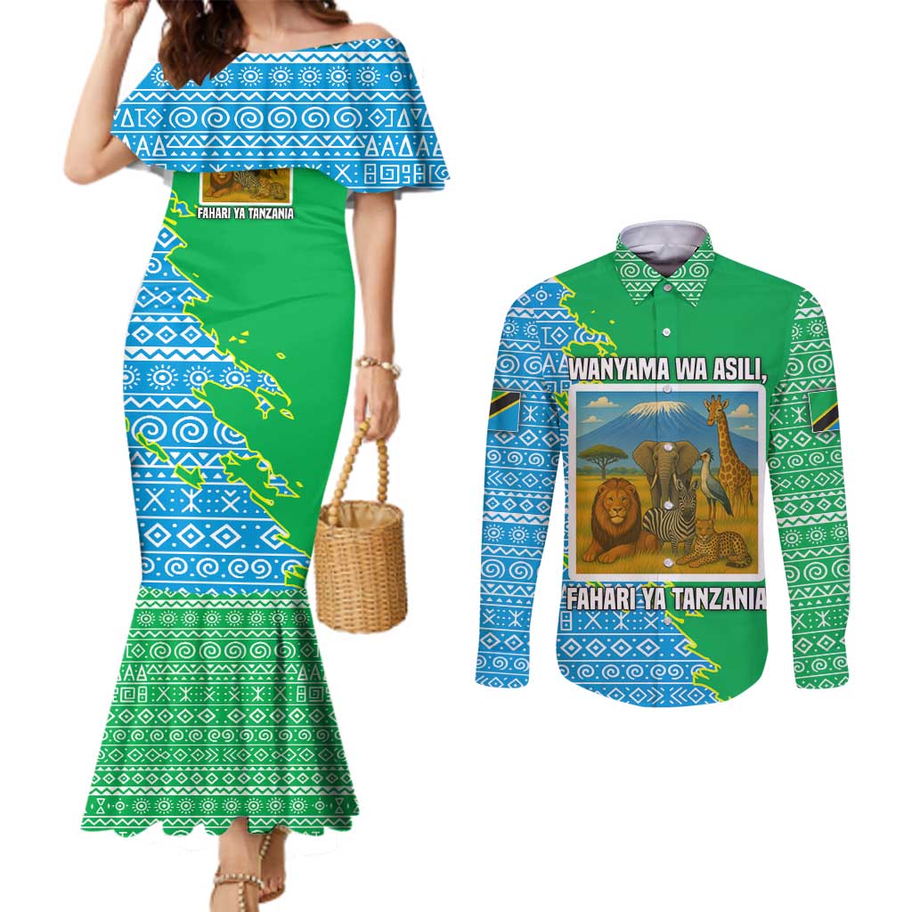 Tanzania Wildlife Couples Matching Mermaid Dress and Long Sleeve Button Shirt with Tribal Print and Mount Kilimanjaro Safari Scene